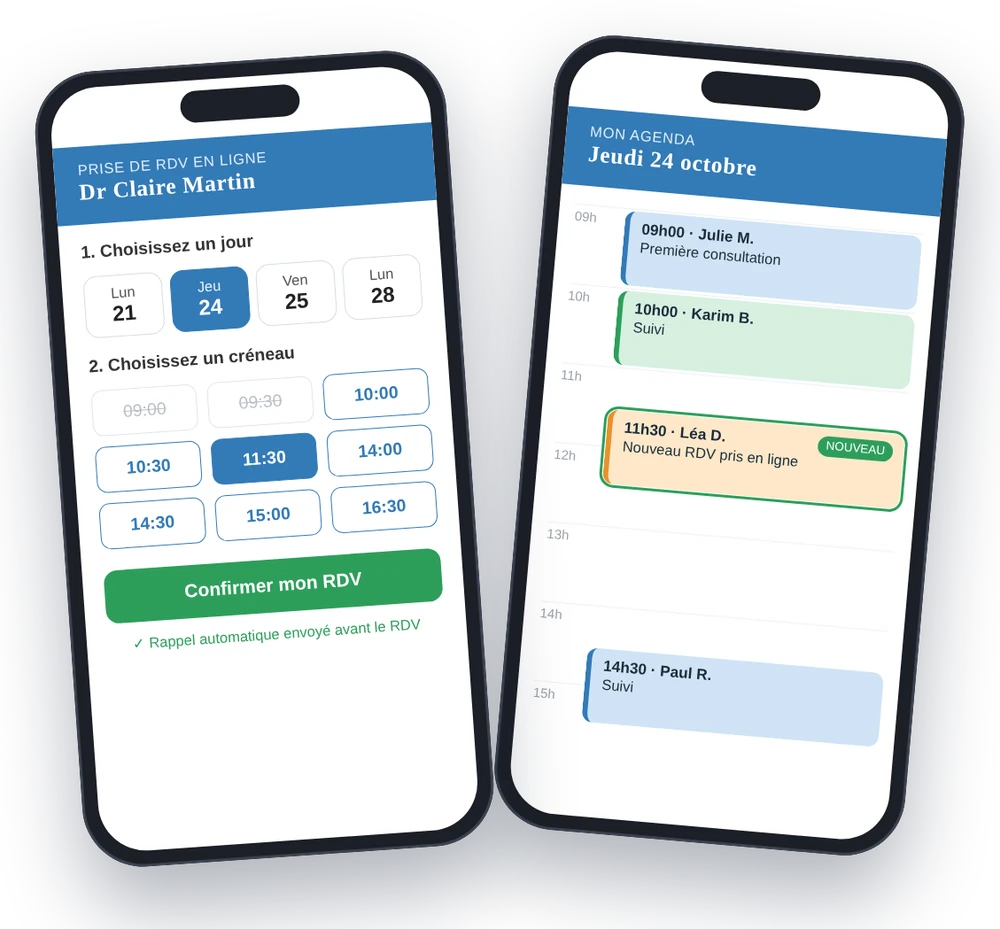 Page de prise de RDV du patient sur téléphone, et agenda du praticien avec le nouveau RDV