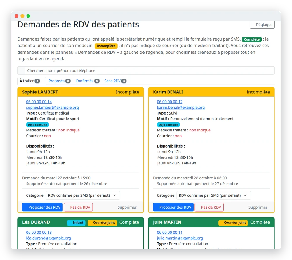 Page des demandes de RDV du praticien : cartes vertes et orange avec le motif, les disponibilités et les boutons Proposer des RDV, Pas de RDV, Supprimer