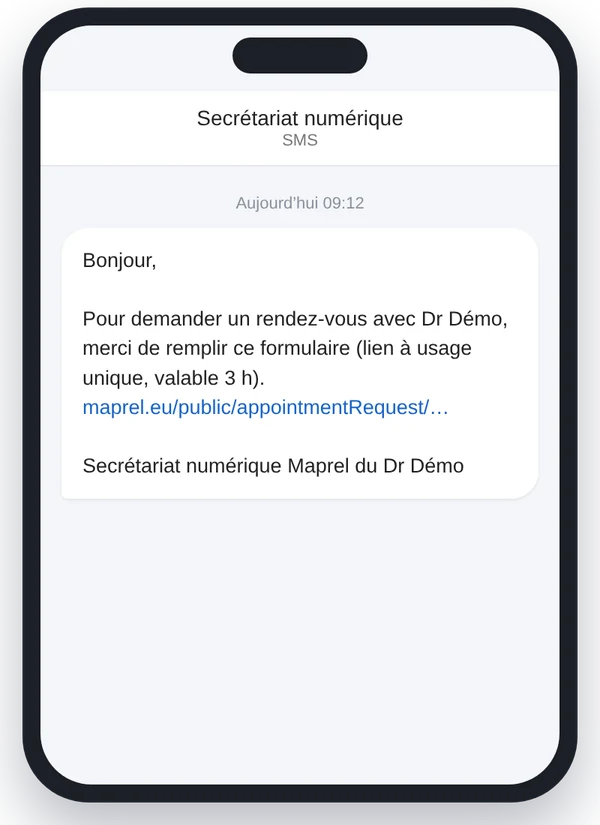 SMS reçu par le patient : un lien à usage unique, valable 3 heures, pour demander un rendez-vous